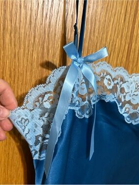 Y2K Victoria Secret Satin Slip Dress Size Small Blue Lace Slit Bow Lingerie